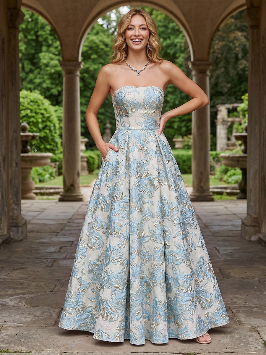 Jacquard Floral A Line Strapless Pleats Evening Dresses