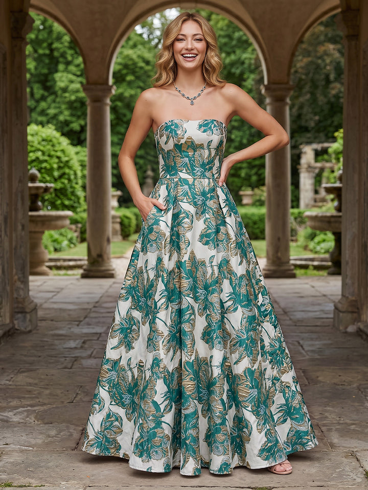 Jacquard Floral A Line Strapless Pleats Evening Dresses