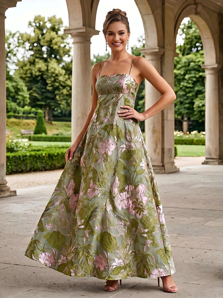 Jacquard Floral A Line Square Neck Spaghetti Straps Evening Dresses