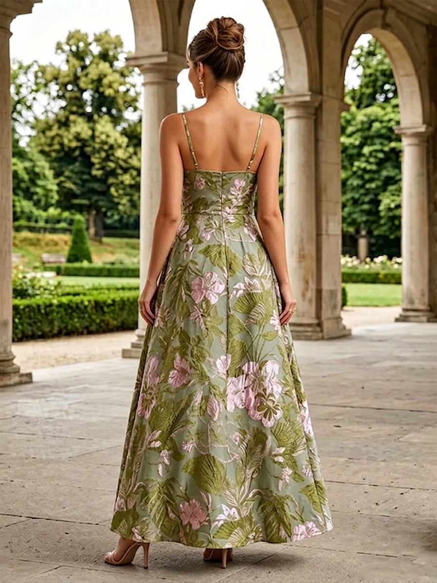 Jacquard Floral A Line Square Neck Spaghetti Straps Evening Dresses