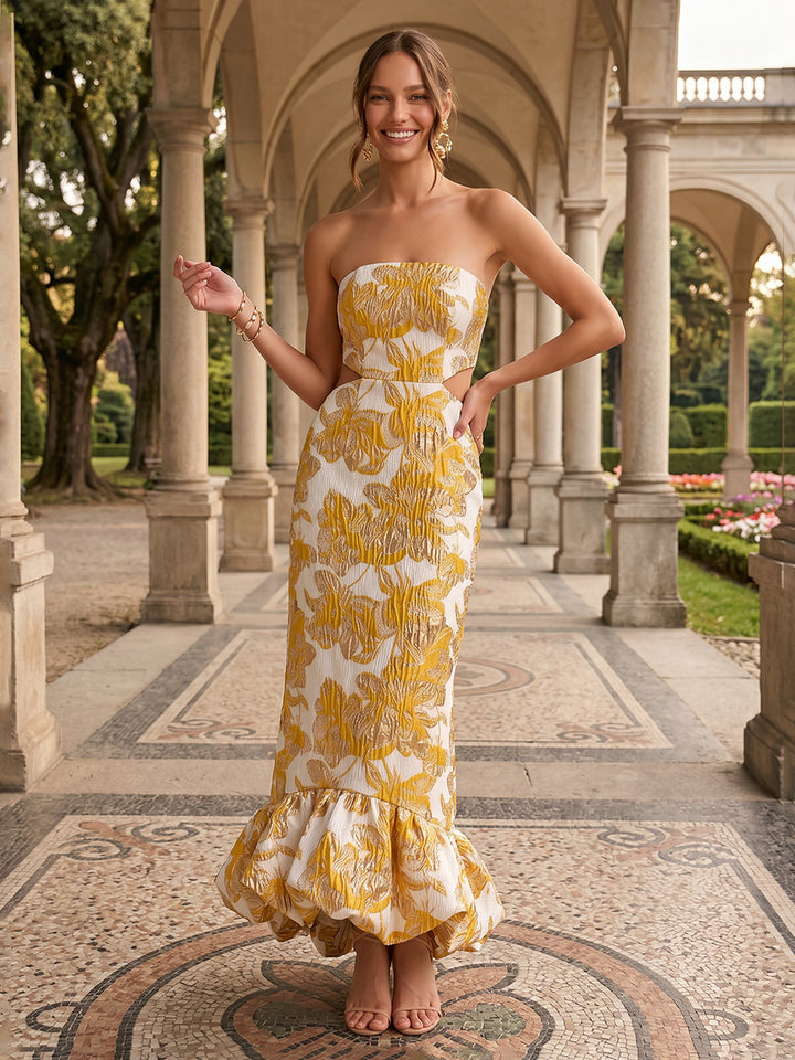 Jacquard Sheath Strapless Cut Out Ruffles Evening Dresses