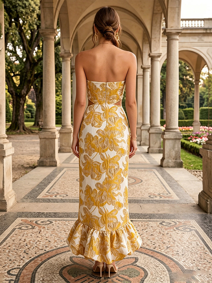Jacquard Sheath Strapless Cut Out Ruffles Evening Dresses
