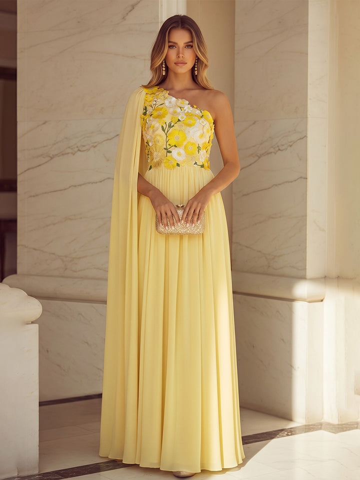Chiffon A Line One Shoulder Ruffles Pleats Formal Dresses