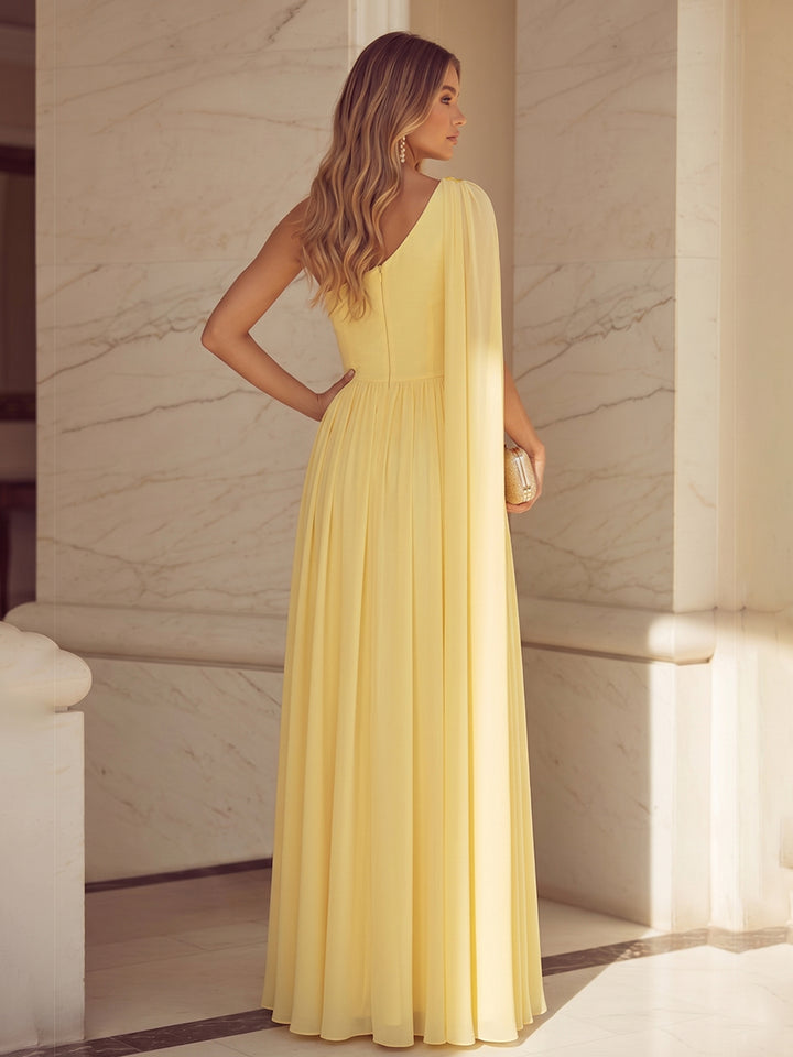 Chiffon A Line One Shoulder Ruffles Pleats Formal Dresses