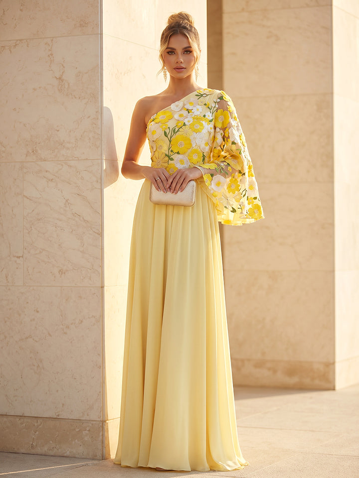 Chiffon A Line One Shoulder Floral Embroidery Pleats Formal Dresses