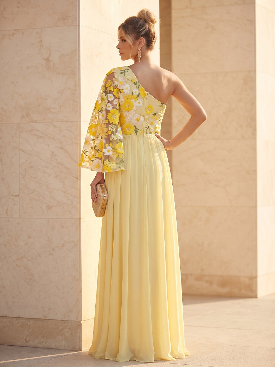 Chiffon A Line One Shoulder Floral Embroidery Pleats Formal Dresses
