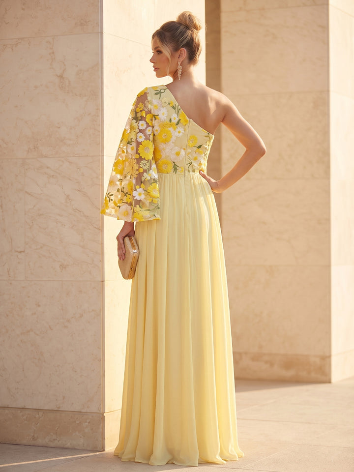 Chiffon A Line One Shoulder Floral Embroidery Pleats Formal Dresses