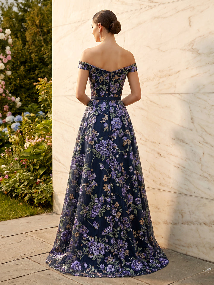 Sequin Floral A Line Off the Shoulder Slit Corset Formal Dresses