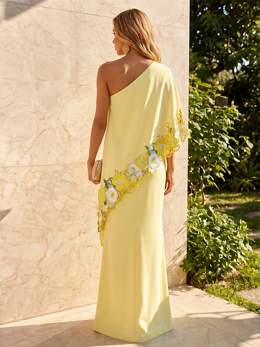 Chiffon Mermaid One Shoulder Floral Embroidery Layered Formal Dresses with Slit