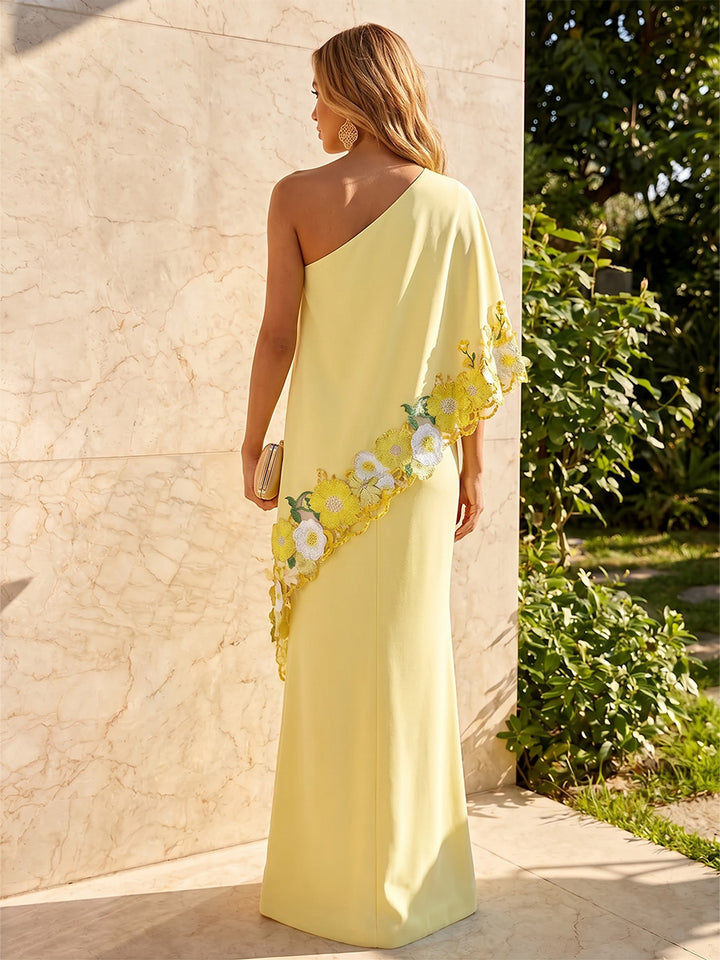 Chiffon Mermaid One Shoulder Floral Embroidery Layered Formal Dresses with Slit