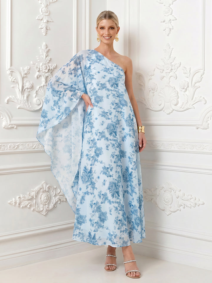 Floral Print A Line One Shoulder Ruched Simple Formal Dresses