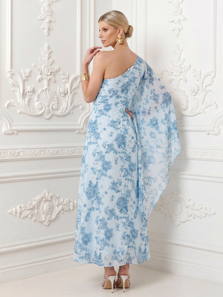 Floral Print A Line One Shoulder Ruched Simple Formal Dresses