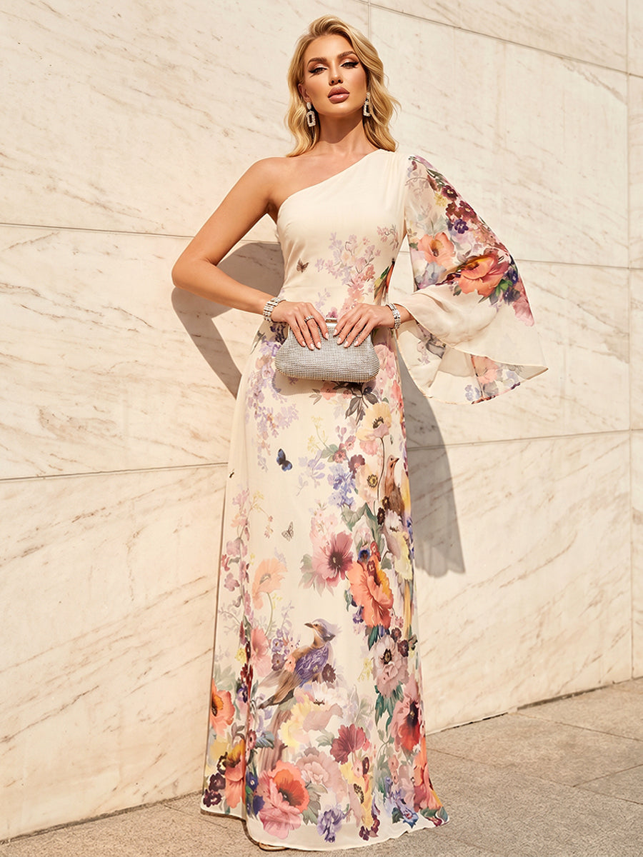 Floral Print A Line One Shoulder Simple Formal Dresses