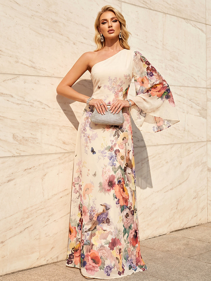 Floral Print A Line One Shoulder Simple Formal Dresses