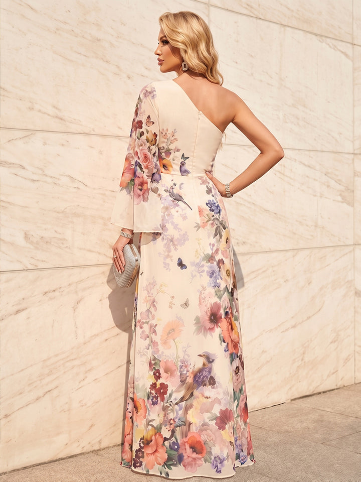 Floral Print A Line One Shoulder Simple Formal Dresses