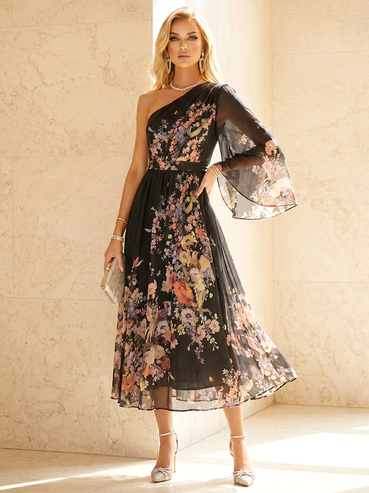 Chiffon A Line One Shoulder Ruched Floral Print Formal Dresses