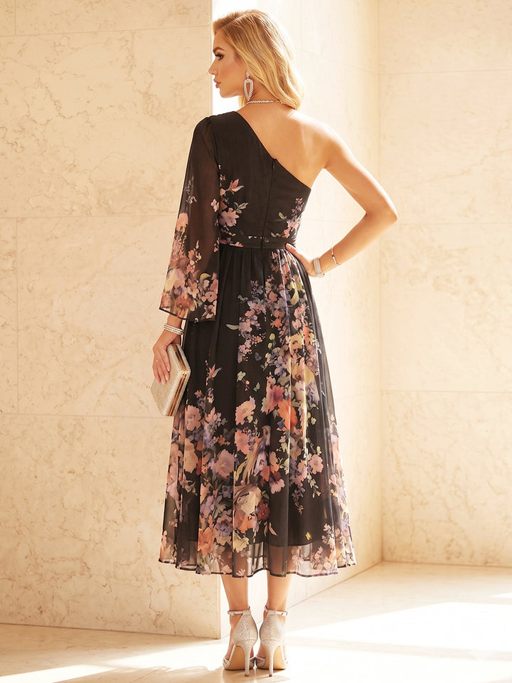 Chiffon A Line One Shoulder Ruched Floral Print Formal Dresses