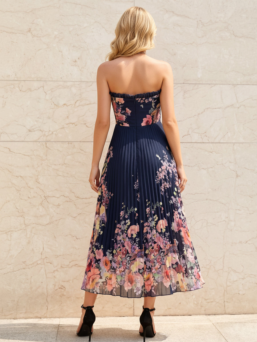 Floral Print A Line Sweetheart Ruffles Pleats Formal Dresses