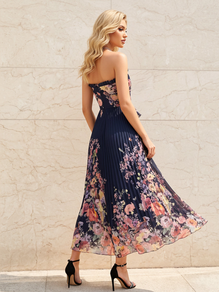 Floral Print A Line Sweetheart Ruffles Pleats Formal Dresses