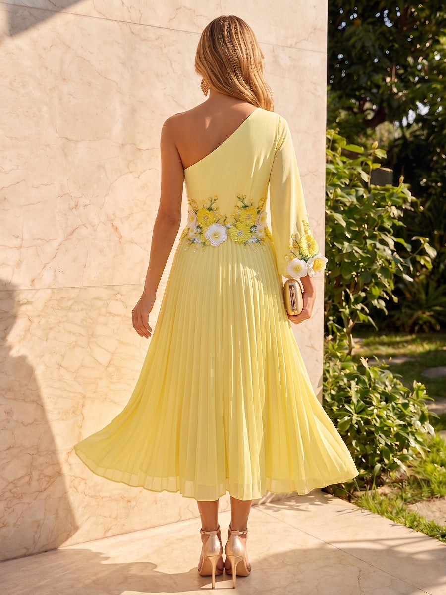 Chiffon A Line One Shoulder Floral Embroidery Pleats Formal Dresses