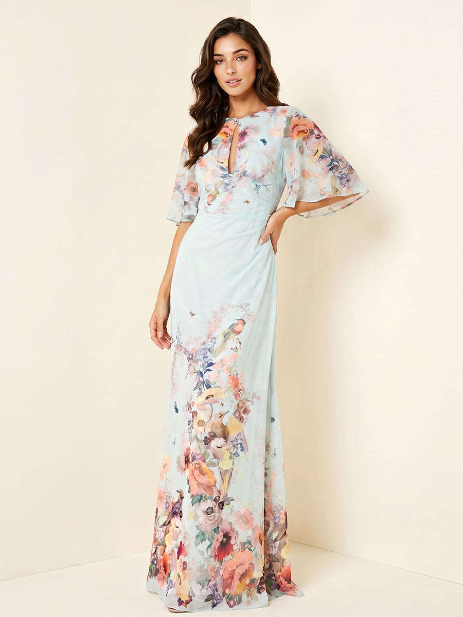 Floral Print Sheath Jewel Neck Cut Out Ruched Formal Dresses