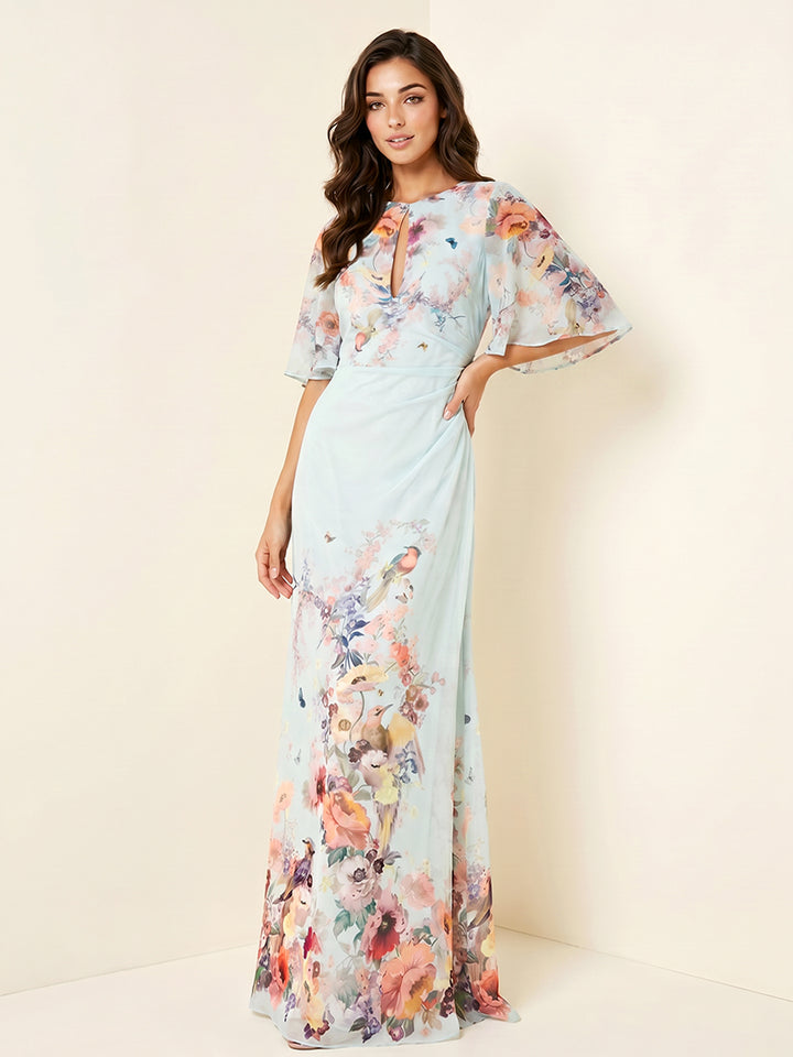 Floral Print Sheath Jewel Neck Cut Out Ruched Formal Dresses