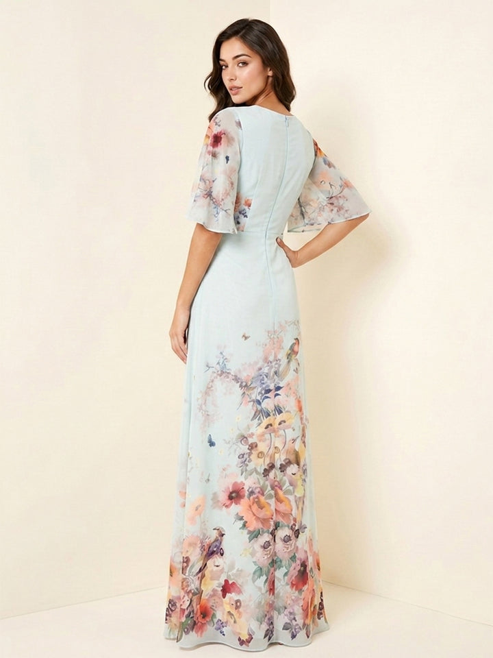 Floral Print Sheath Jewel Neck Cut Out Ruched Formal Dresses