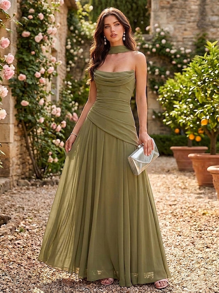 Chiffon Pleated A Line Strapless Formal Dresses with Scarf