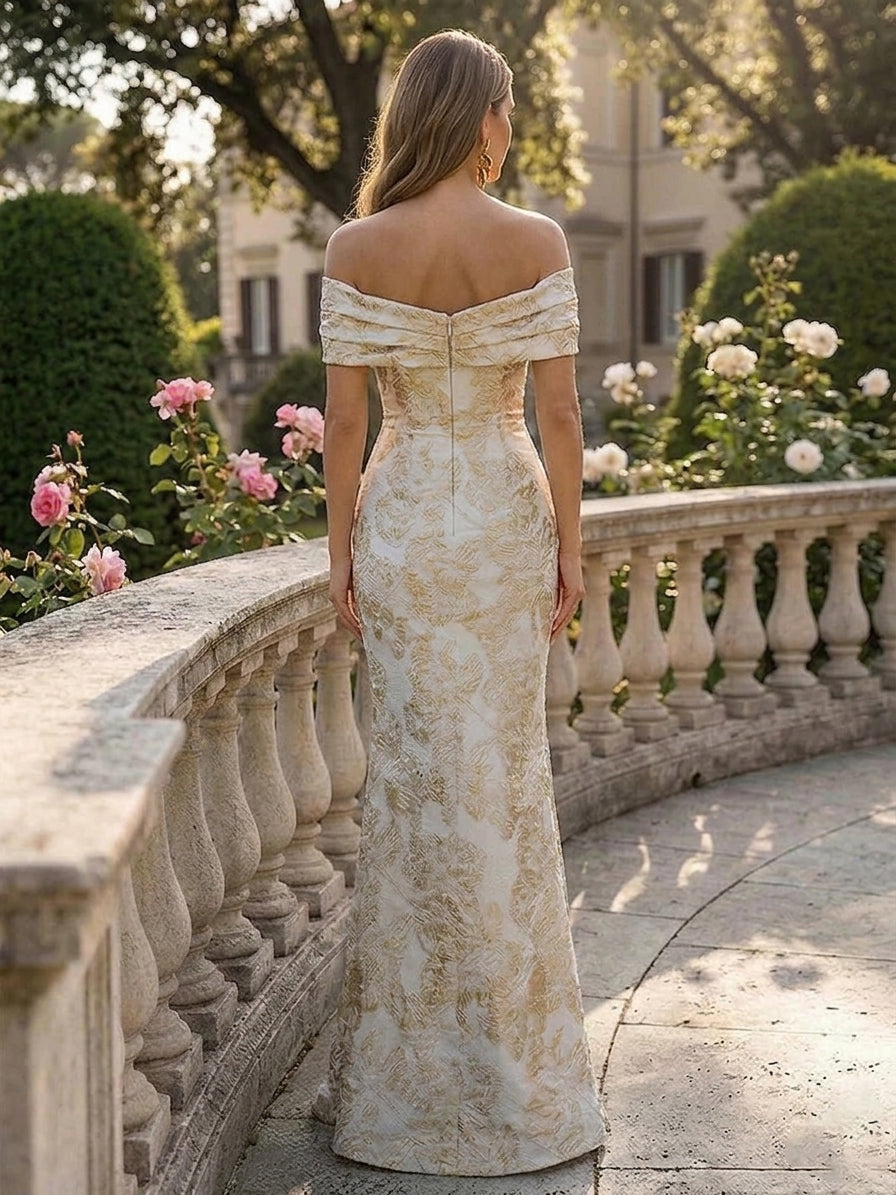Off the Shoulder Jacquard Mermaid Floral Pleated Evening Dresses