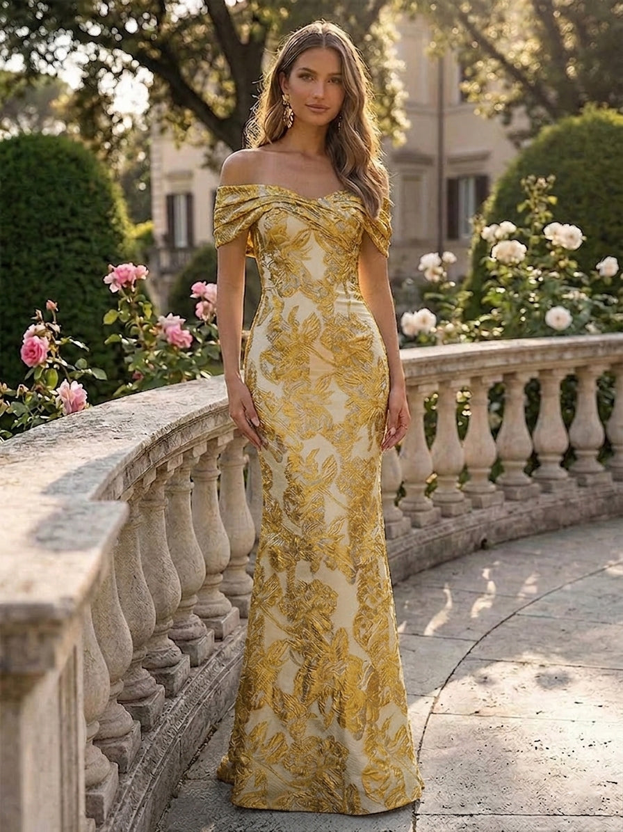 Off the Shoulder Jacquard Mermaid Floral Pleated Evening Dresses