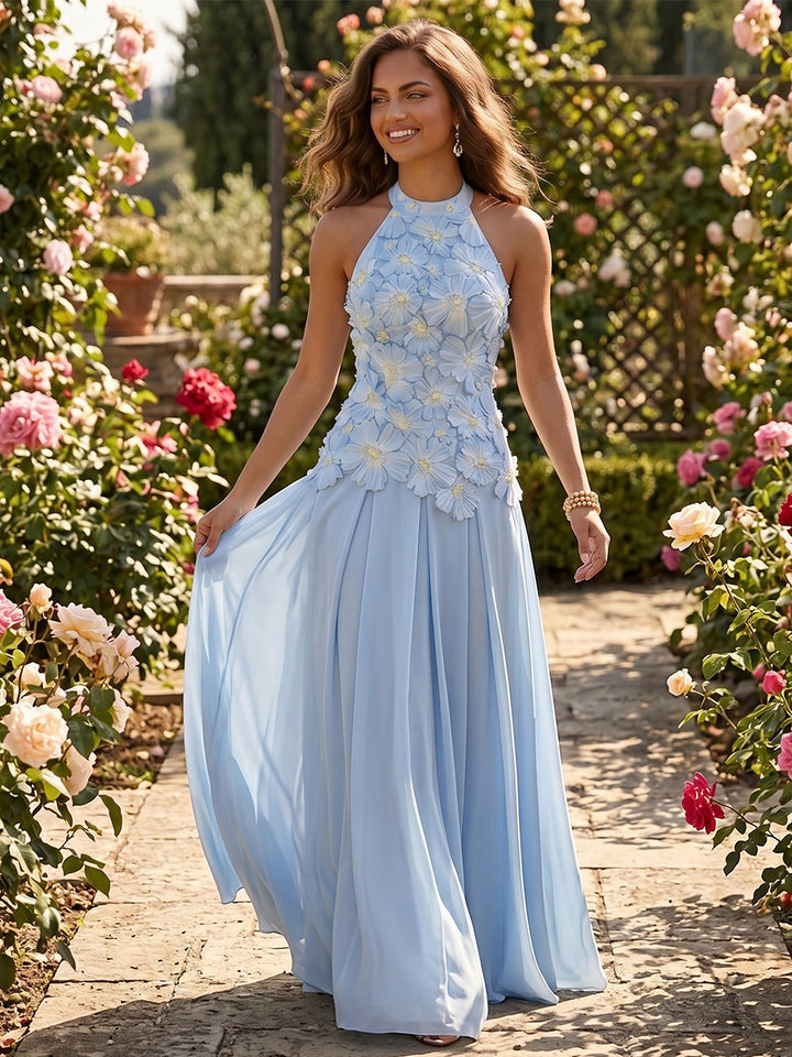 3D Flowers Chiffon Pleated Halter Neck Sleeveless A-Line Formal Dresses