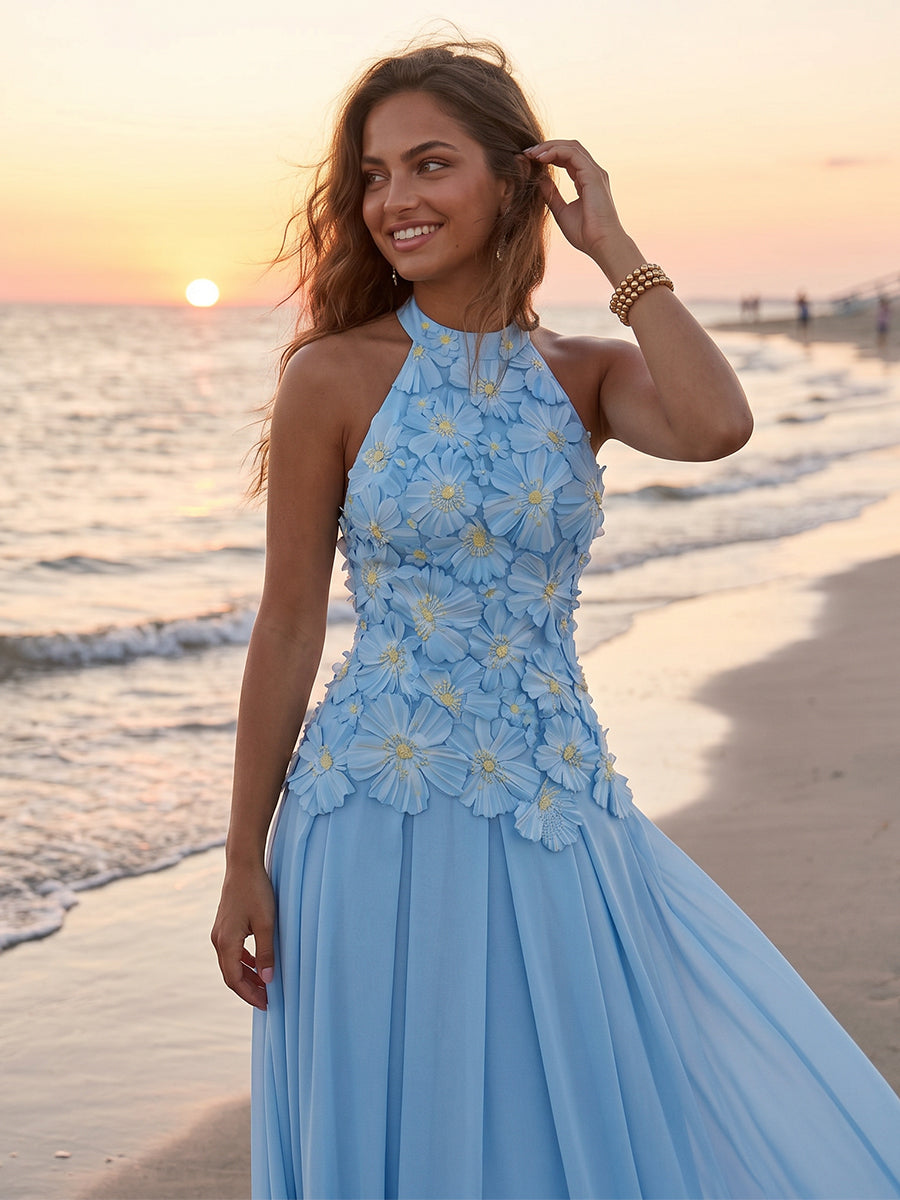 3D Flowers Chiffon Pleated Halter Neck Sleeveless A-Line Formal Dresses