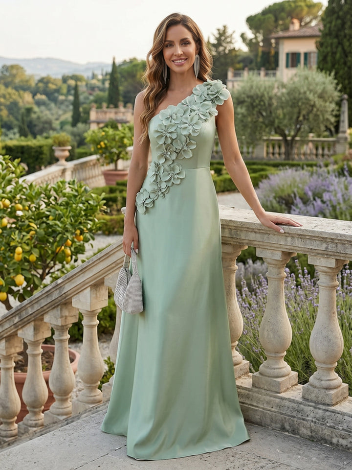 Satin A Line One Shoulder 3D Flowers Corset Formal Dresses