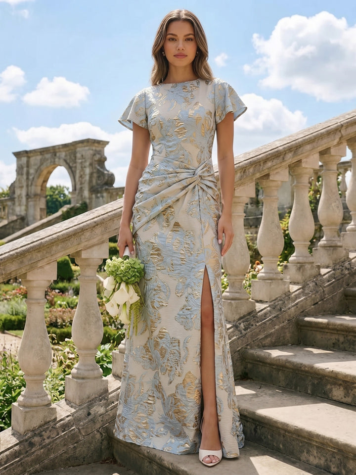 Jacquard Mermaid Scoop Neck Front Slit Twisted Evening Dresses