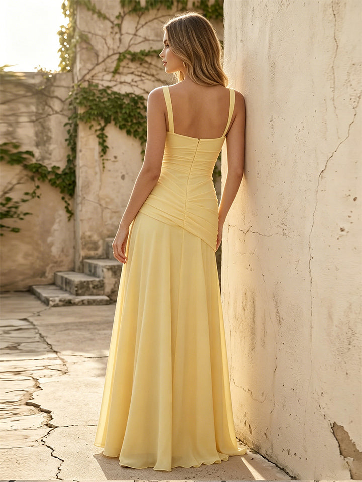 Chiffon A Line Square Neck Pleats Ruched Formal Dresses