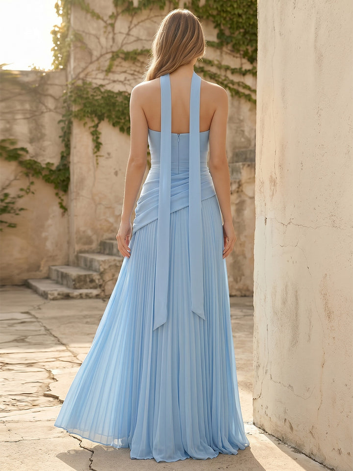 Chiffon A Line Cowl Neck Pleats Ruched Formal Dresses with Scarf