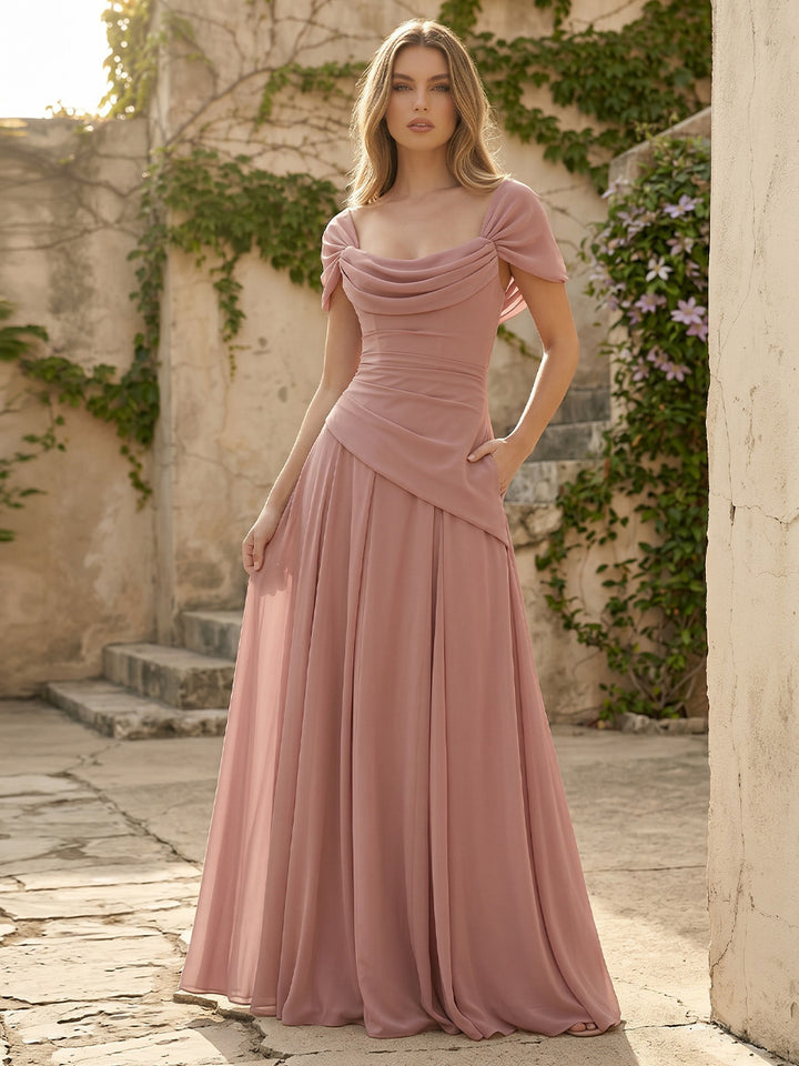 Chiffon A Line Cowl Neck Ruched Pleats Formal Dresses with Pockets