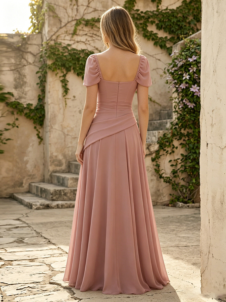 Chiffon A Line Cowl Neck Ruched Pleats Formal Dresses with Pockets