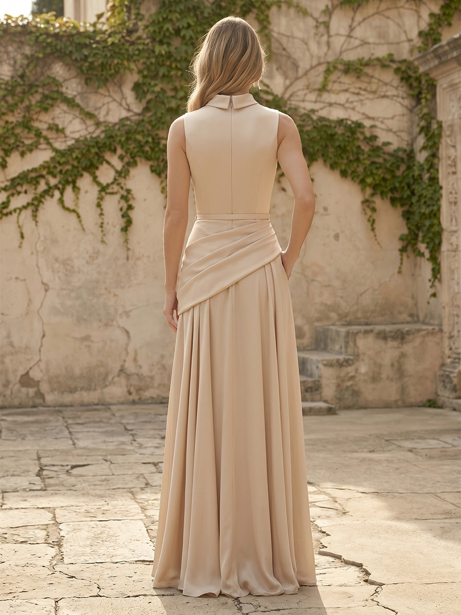 Chiffon A Line High Neck Pleats Ruched Formal Dresses with Pockets
