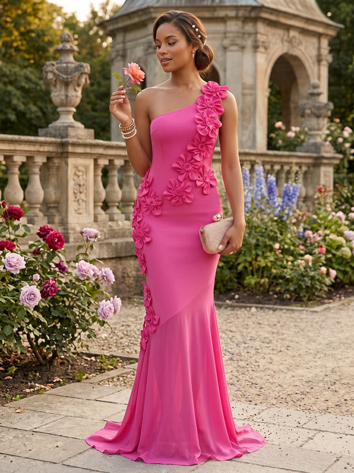 Stretch Mesh Mermaid One Shoulder 3D Flowers Ruched Formal Dresses