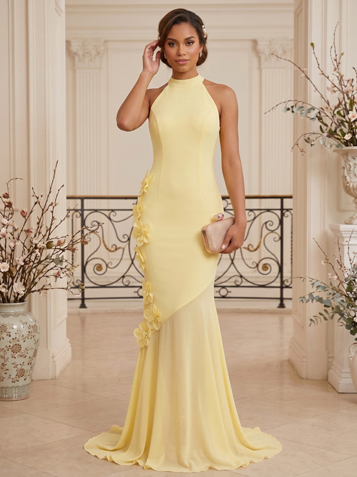 Stretch Mesh Mermaid High Neck 3D Flowers Corset Formal Dresses