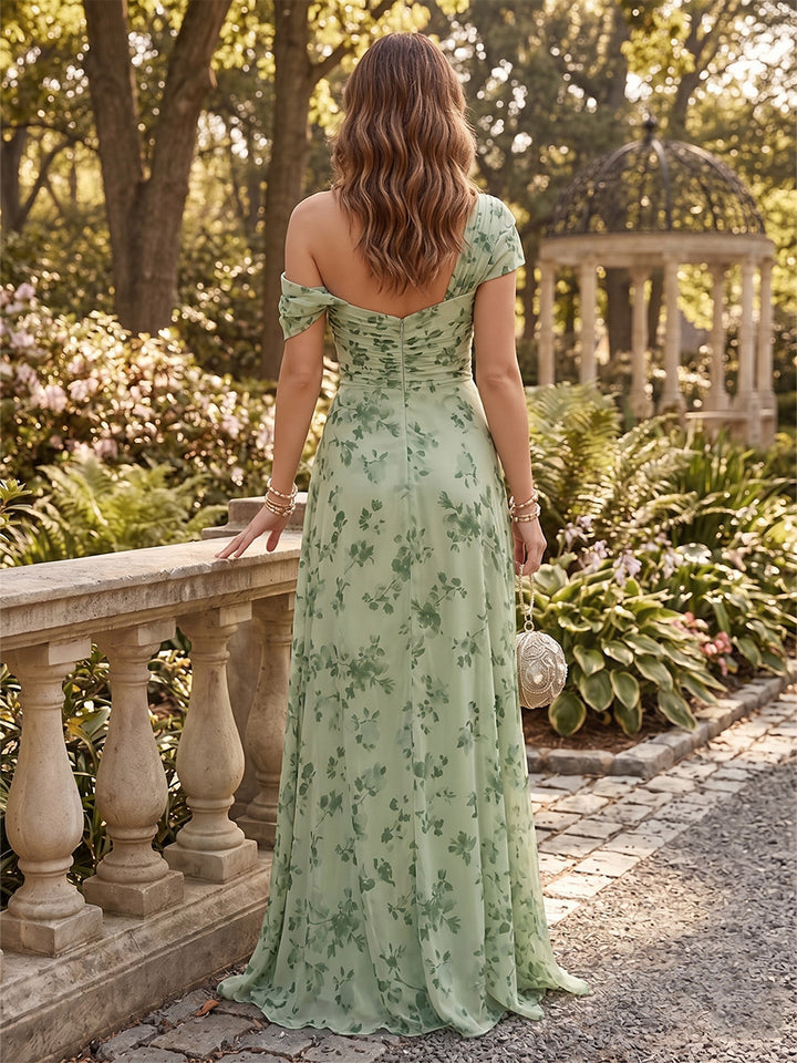 Chiffon A Line One Shoulder Floral Print Ruched Formal Dresses with Slit