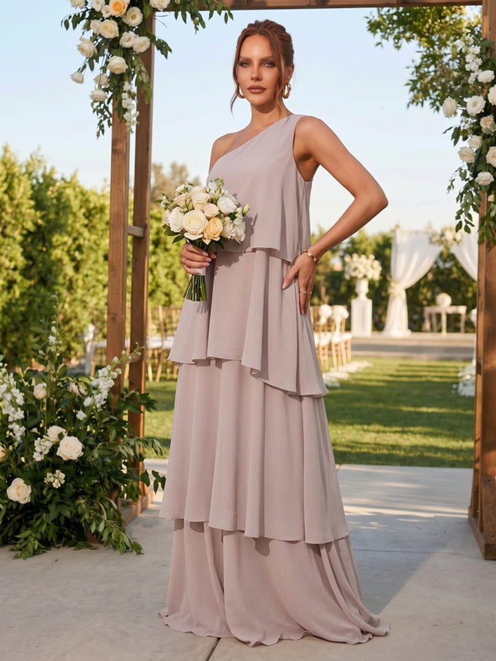 Chiffon A Line One Shoulder Layered Ruched Formal Dresses