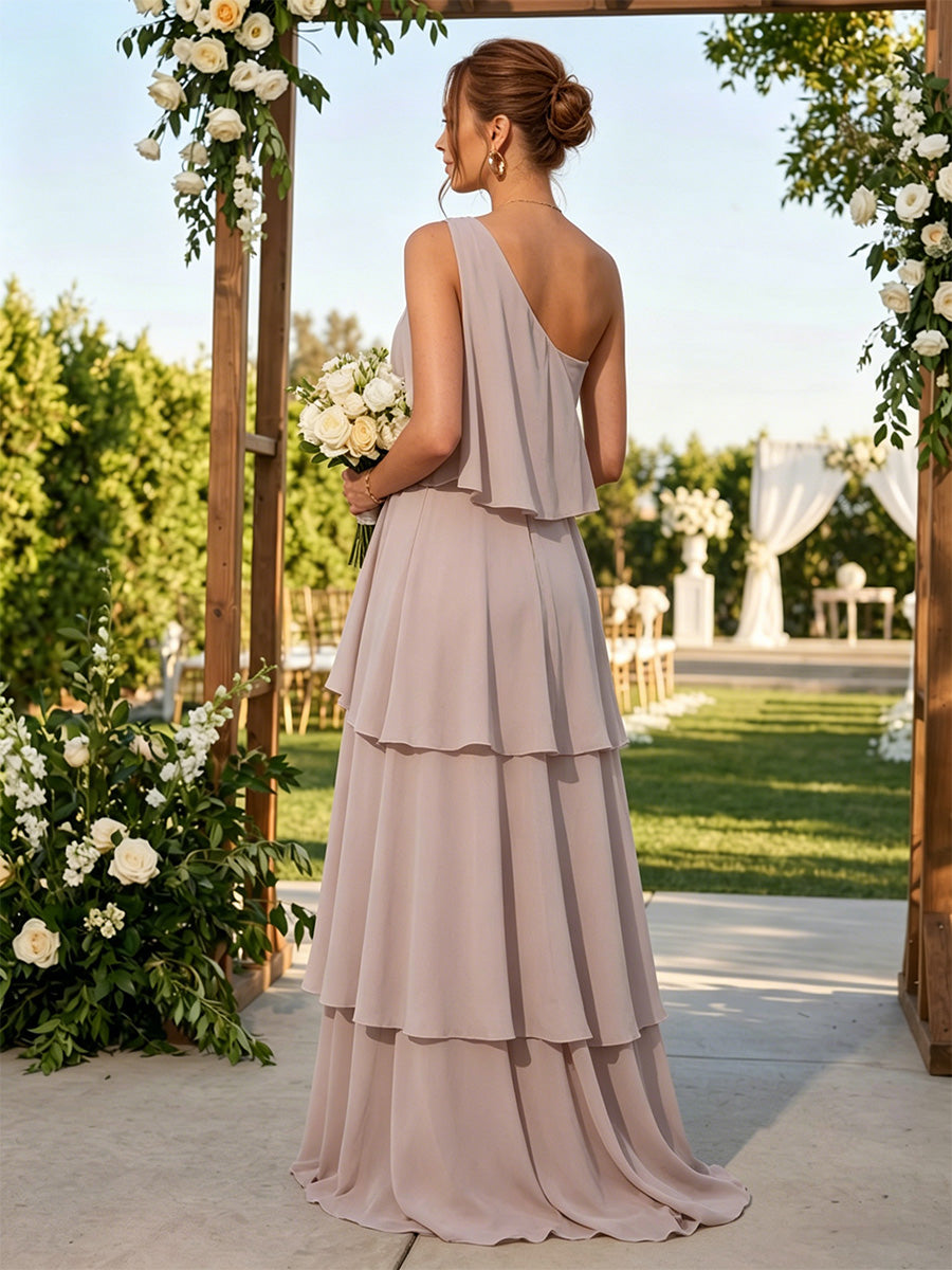 Chiffon A Line One Shoulder Layered Ruched Formal Dresses