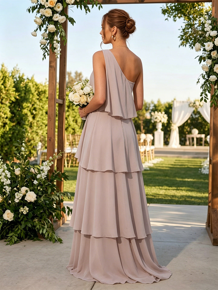 Chiffon A Line One Shoulder Layered Ruched Formal Dresses