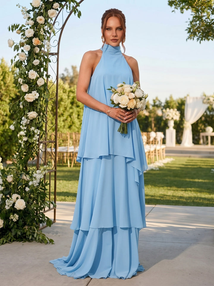 Chiffon A Line High Neck Ruched Layered Formal Dresses