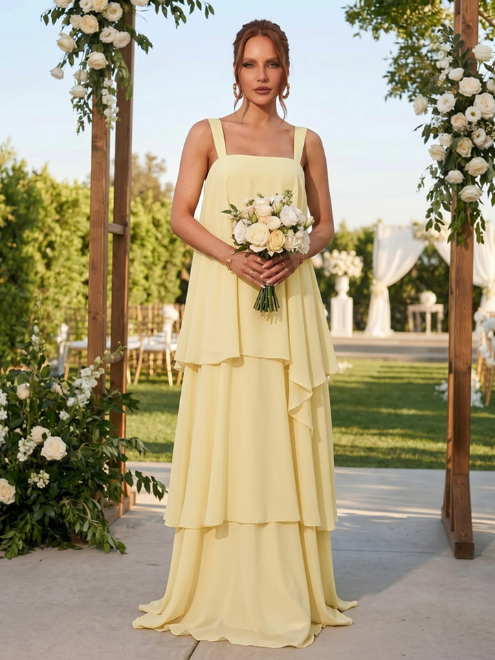 Chiffon A Line Square Neck Layered Ruched Formal Dresses