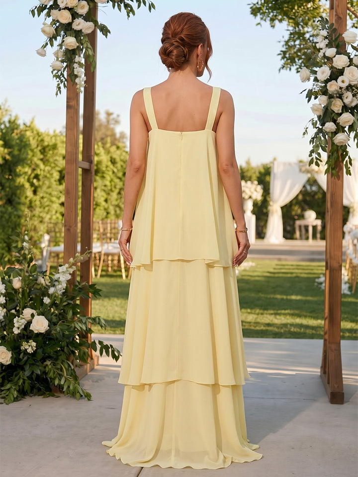 Chiffon A Line Square Neck Layered Ruched Formal Dresses