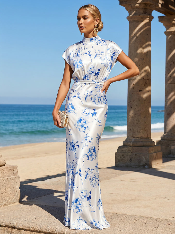 Satin Mermaid Scoop Neck Floral Print Ruched Formal Dresses