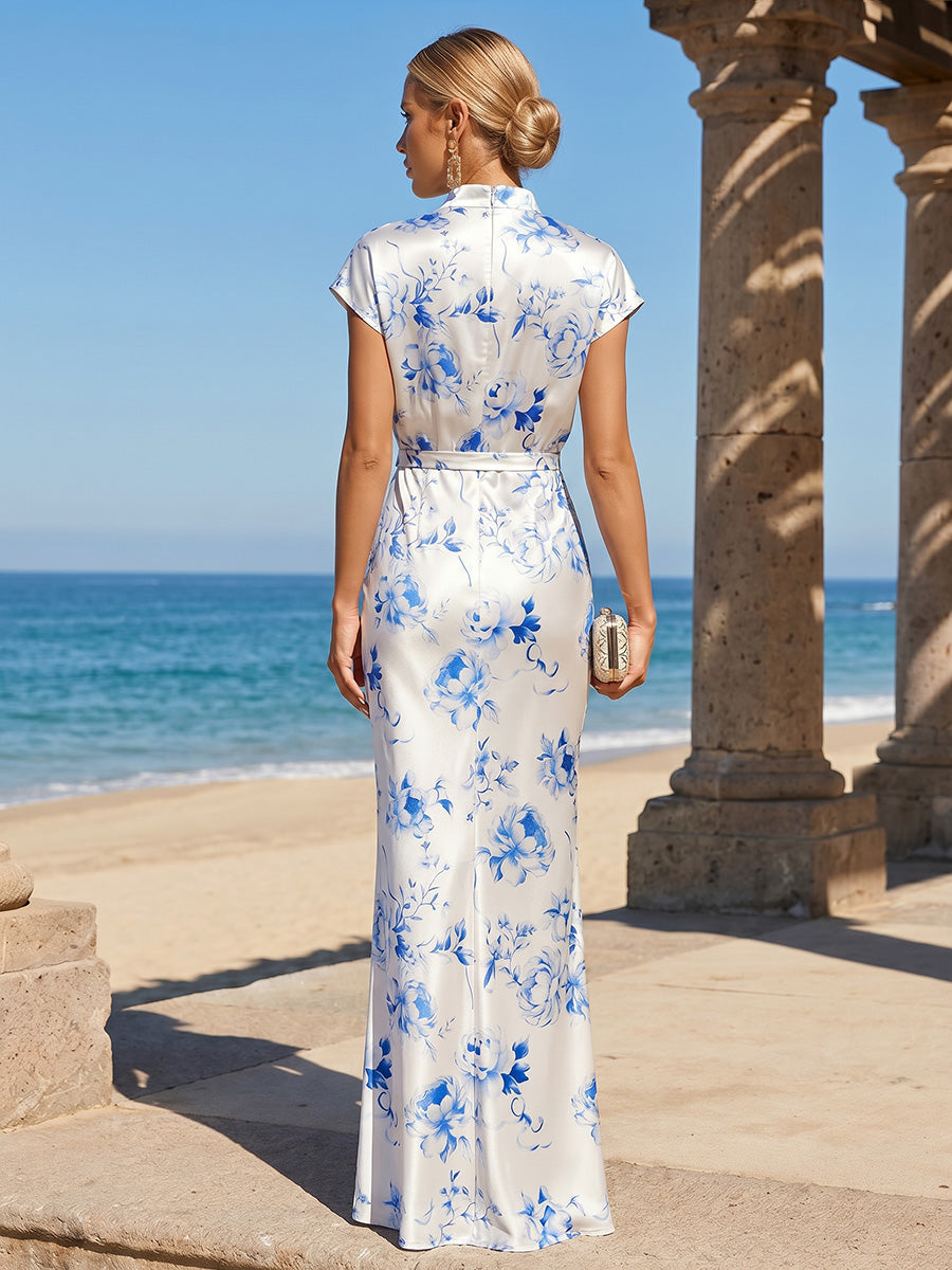 Satin Mermaid Scoop Neck Floral Print Ruched Formal Dresses